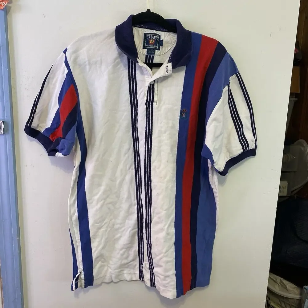 Vintage Ralph Lauren Chaps Short Sleeve Polo Shirt Men's L Colorful Striped Logo